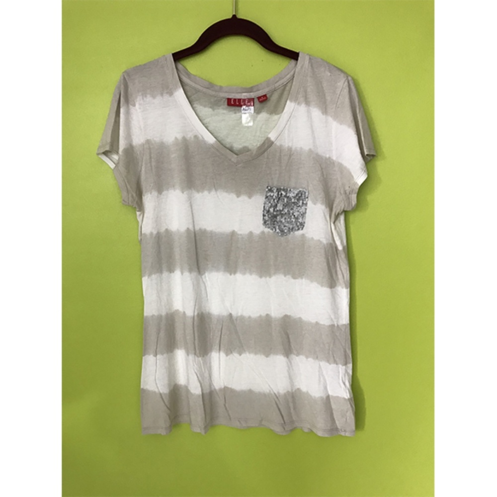 Elle Cap Sleeve V Neck Gray White Striped Top Sz S